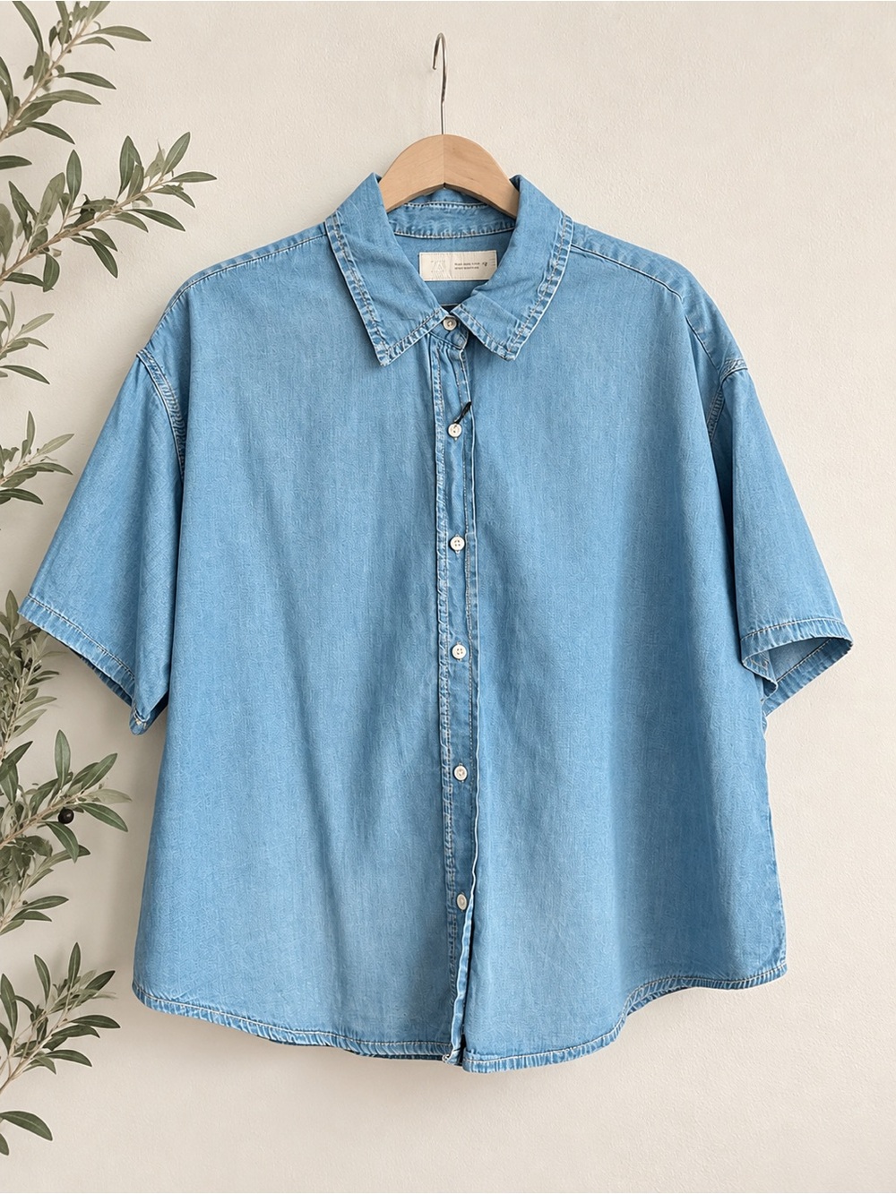 ZARA NWT Lyocell Cotton Chambray Denim Short Sleeve Button Down Shirt S